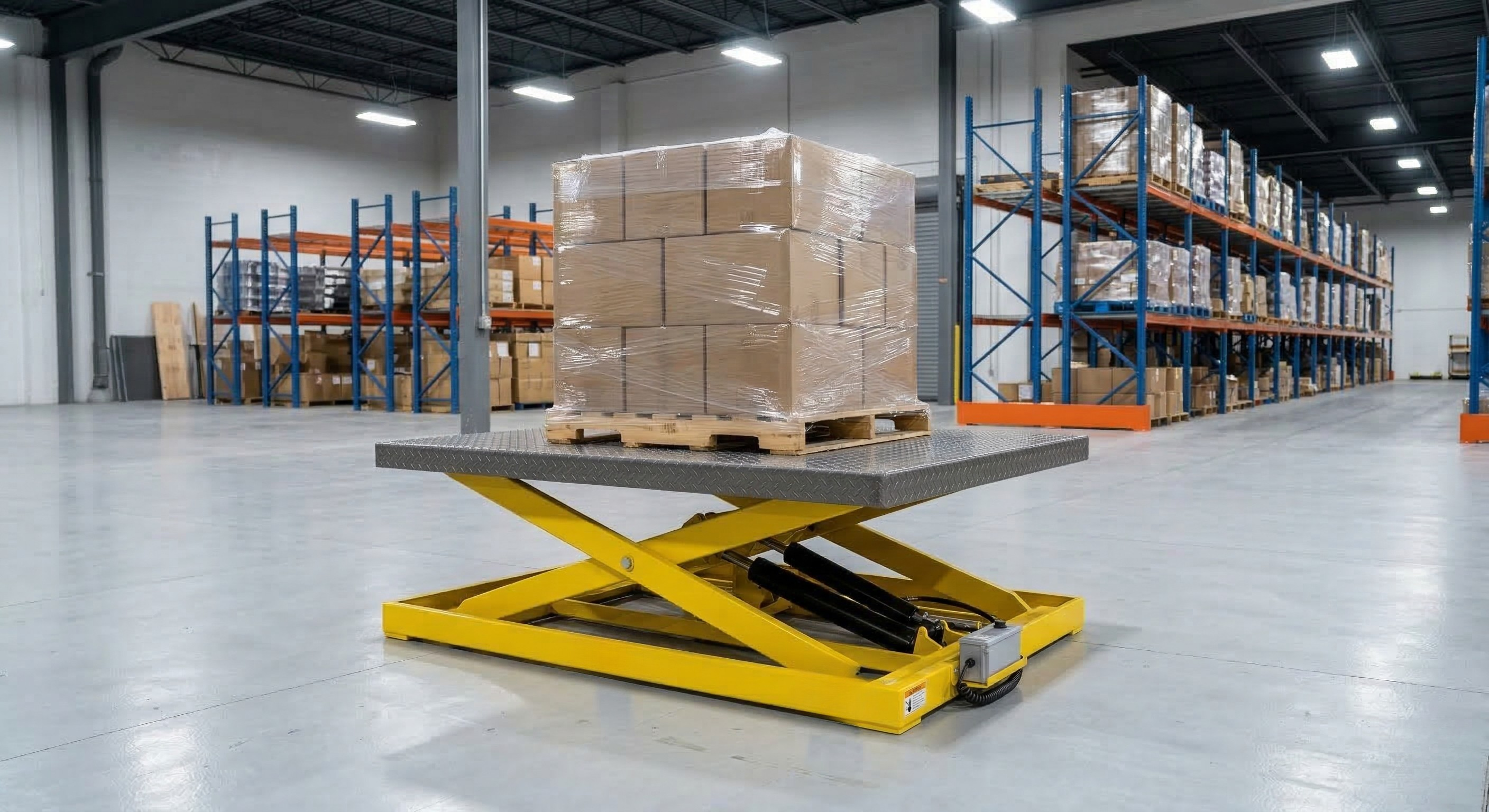 Yellow hydraulic scissor lift table with pallet load in a Indianapolis area warehouse