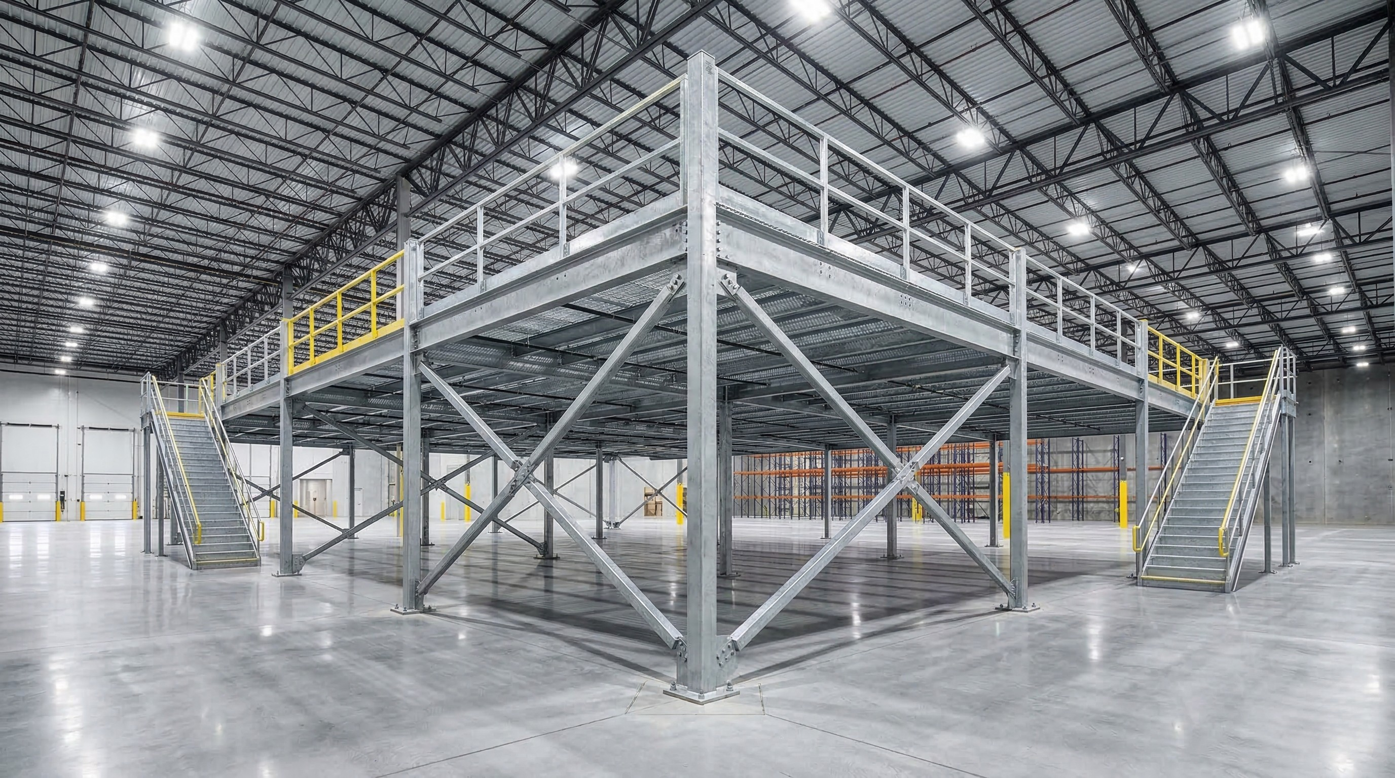 Large two-story structural steel mezzanine with dual staircases in a Indianapolis area warehouse