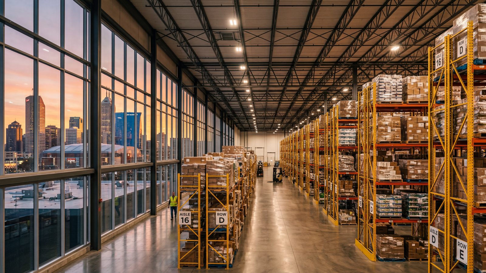 Large warehouse with tall pallet racking systems