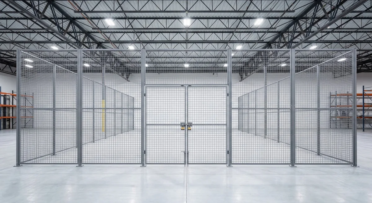 Lockable wire mesh security partition enclosure in a Indianapolis area warehouse