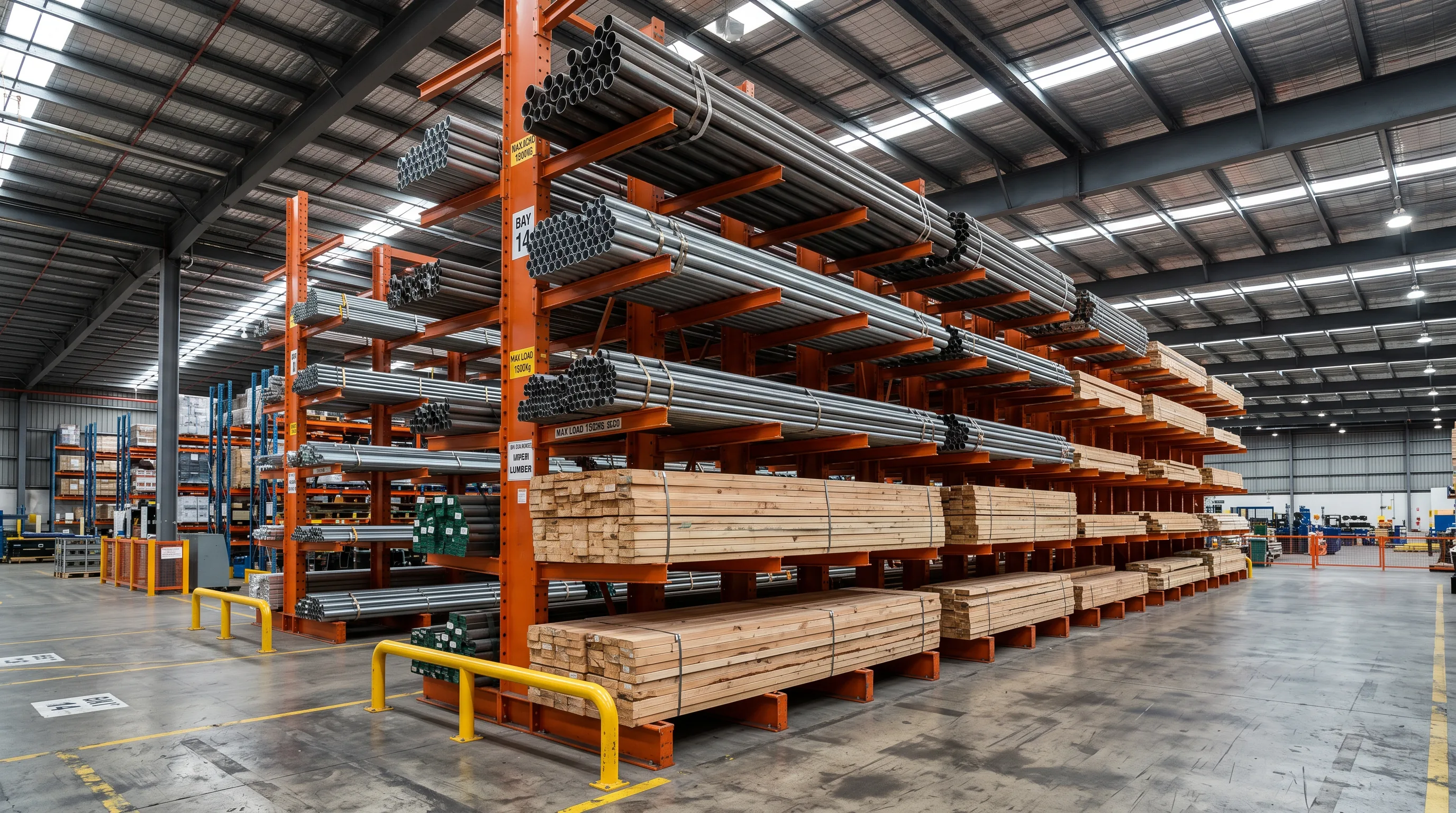 Heavy-duty structural cantilever rack storing pipe, steel, and lumber bundles in an Indianapolis Indiana industrial distributor