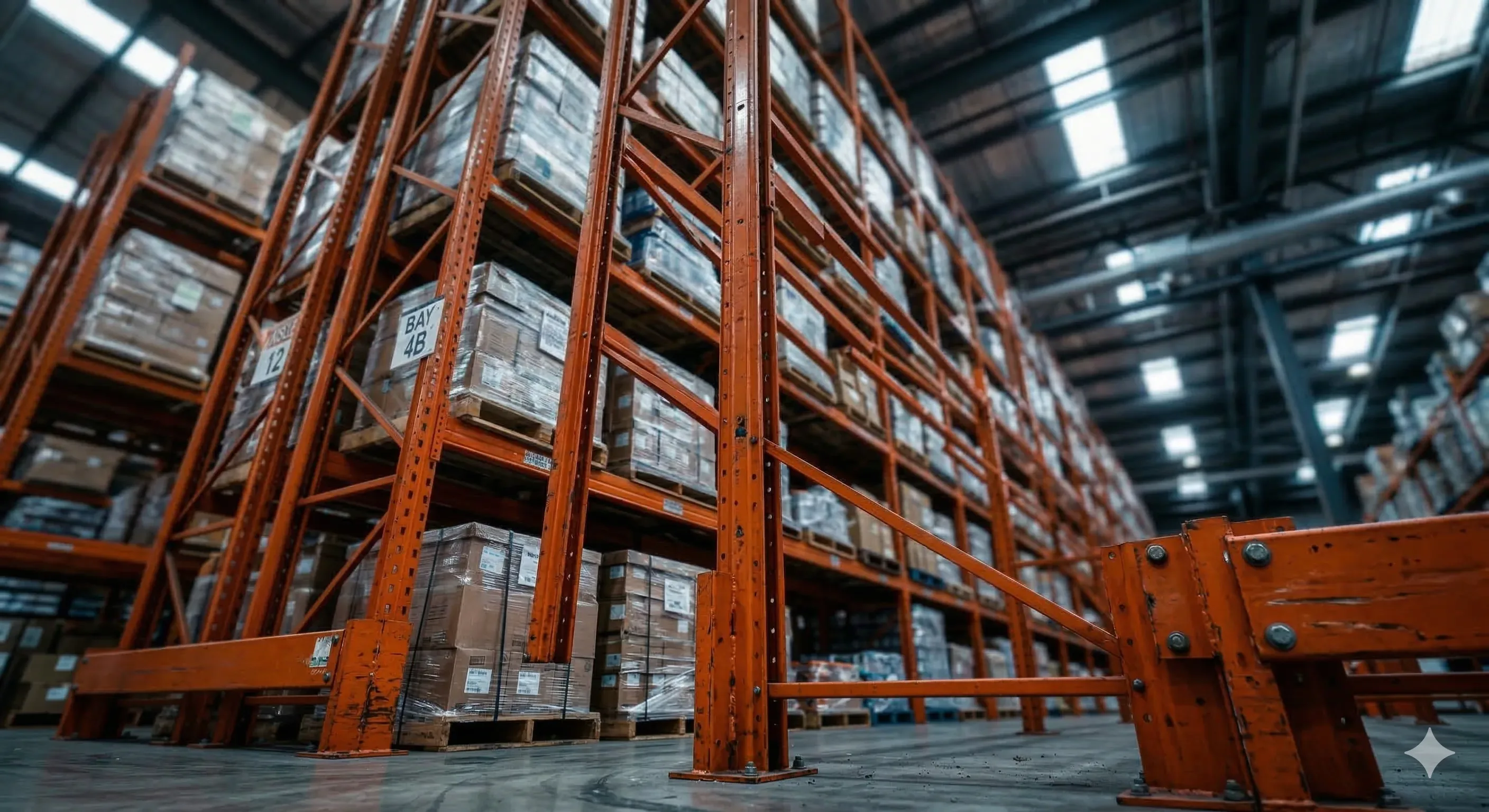 Pallet rack upright columns and load placard in an Indianapolis warehouse