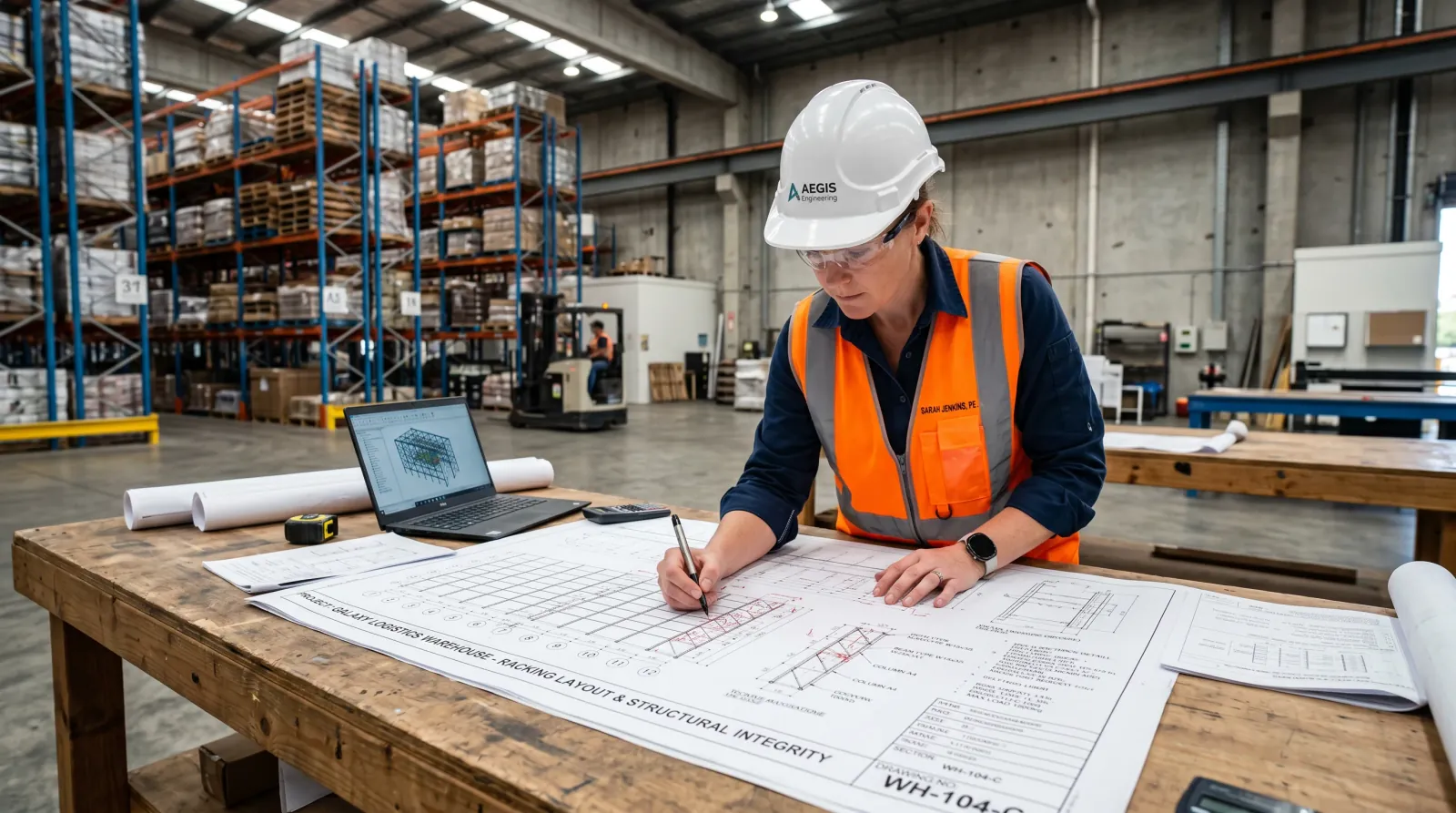 Structural engineer reviewing pallet racking blueprints and permit drawings in Indianapolis, IN