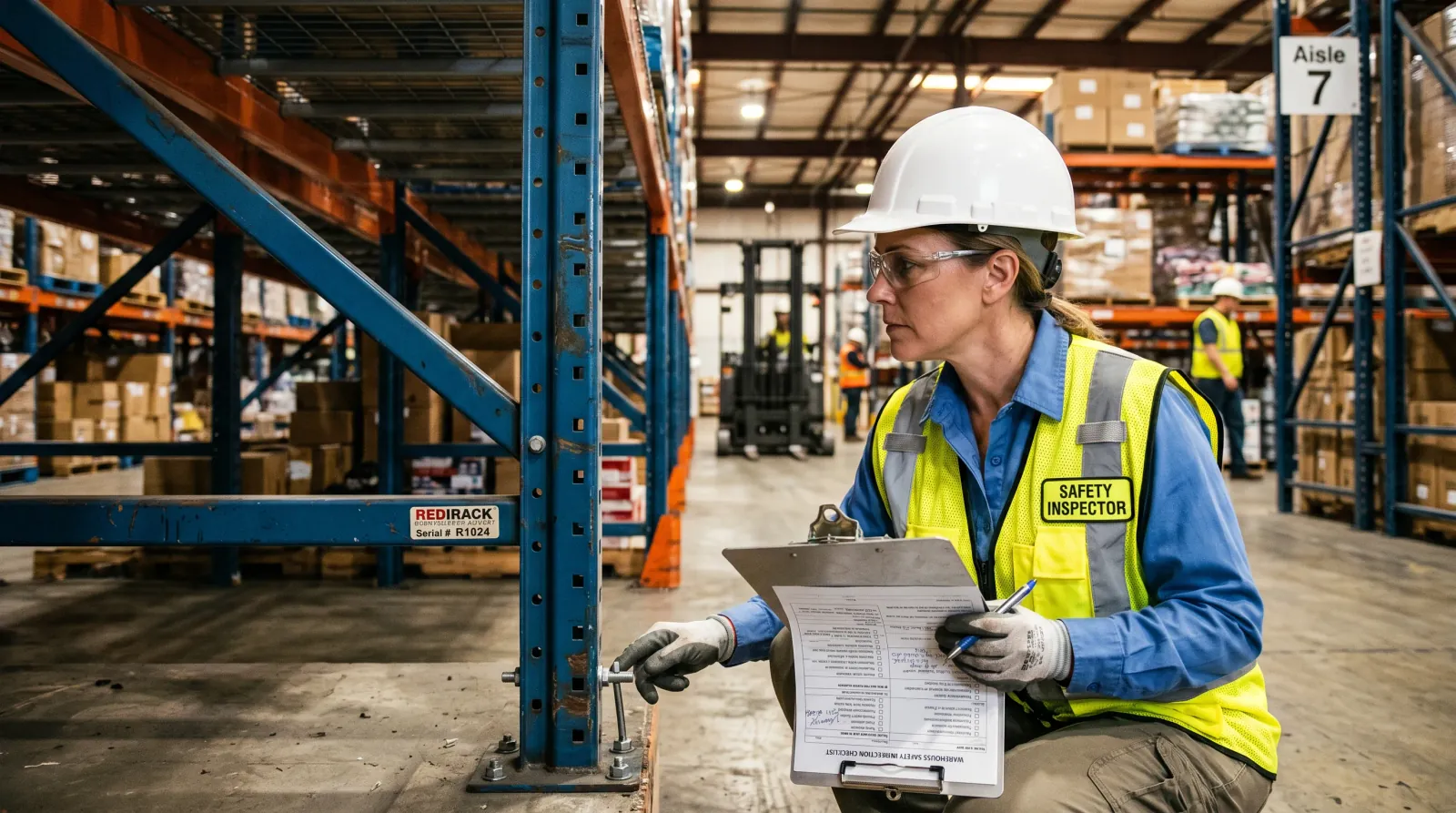 Safety inspector examining pallet rack uprights for damage in a Indianapolis, IN warehouse