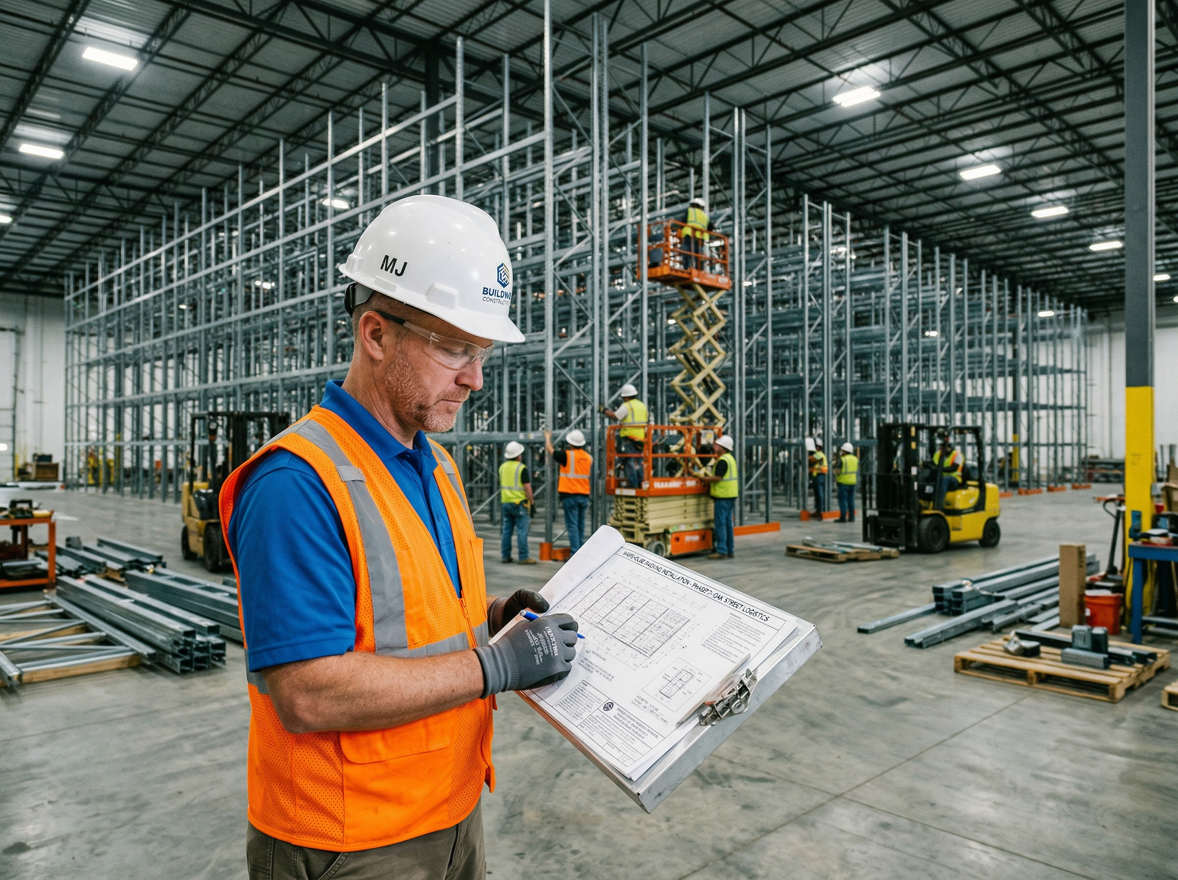 Project manager overseeing pallet racking installation in a Indianapolis, IN warehouse