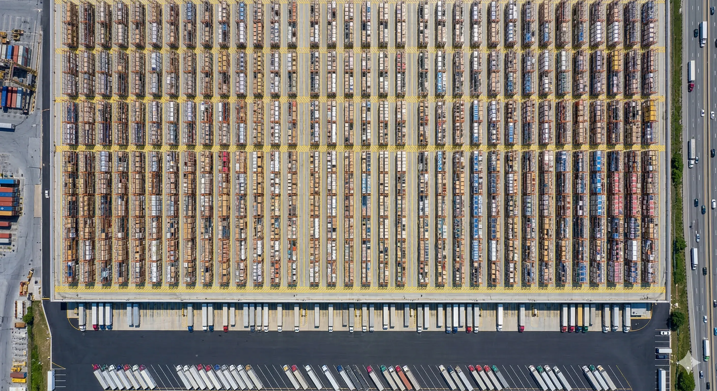 Aerial view of Indianapolis distribution center warehouse racking along the I-70 corridor