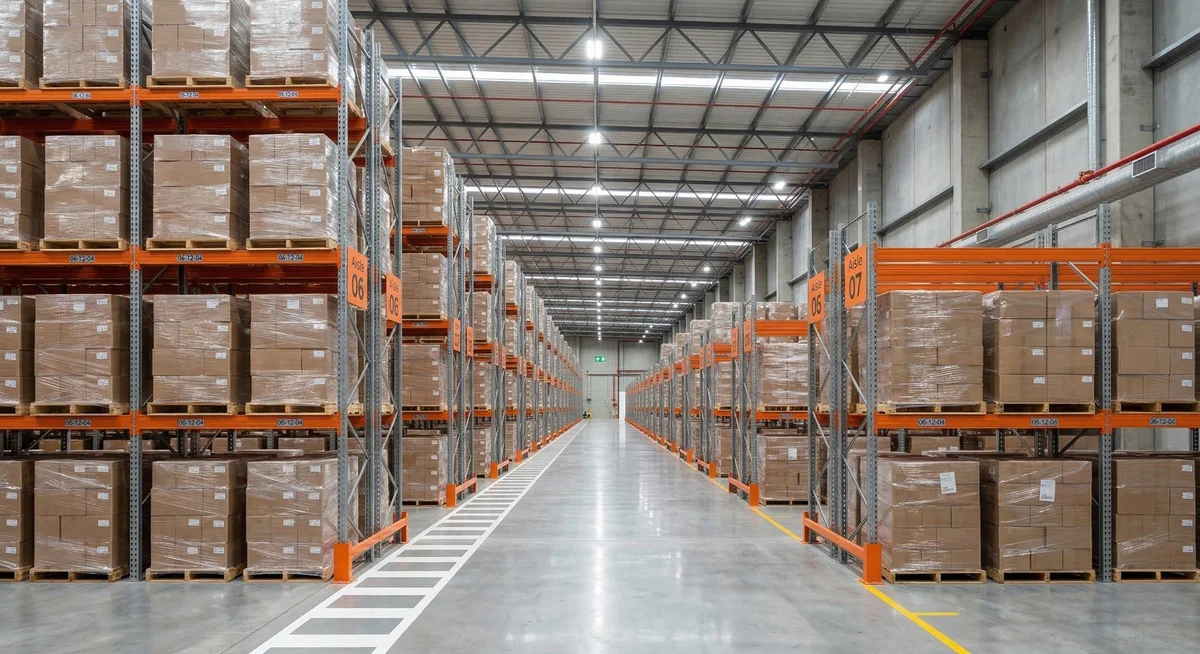 Fully installed pallet racking aisle with loaded pallets in a Indianapolis area warehouse